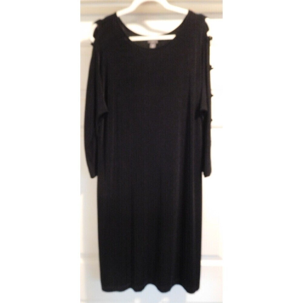 CHICO'S TRAVELERS Black Split Dolman Sleeve W/ Silver Ring Accent Midi Dress LG